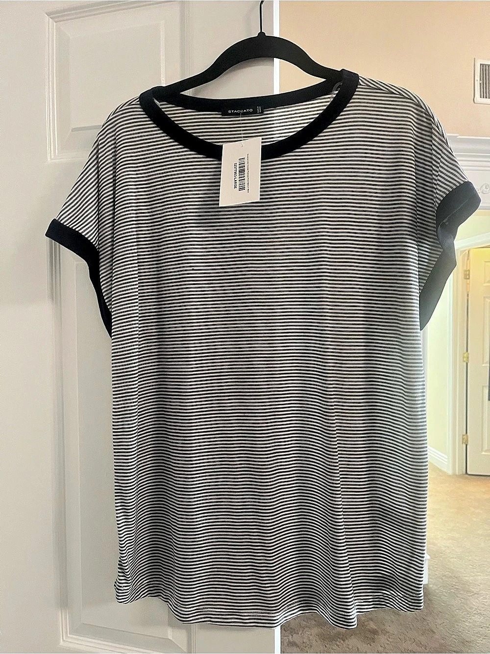 Staccato Black Pinstriped Short Sleeve Top with Blue trim